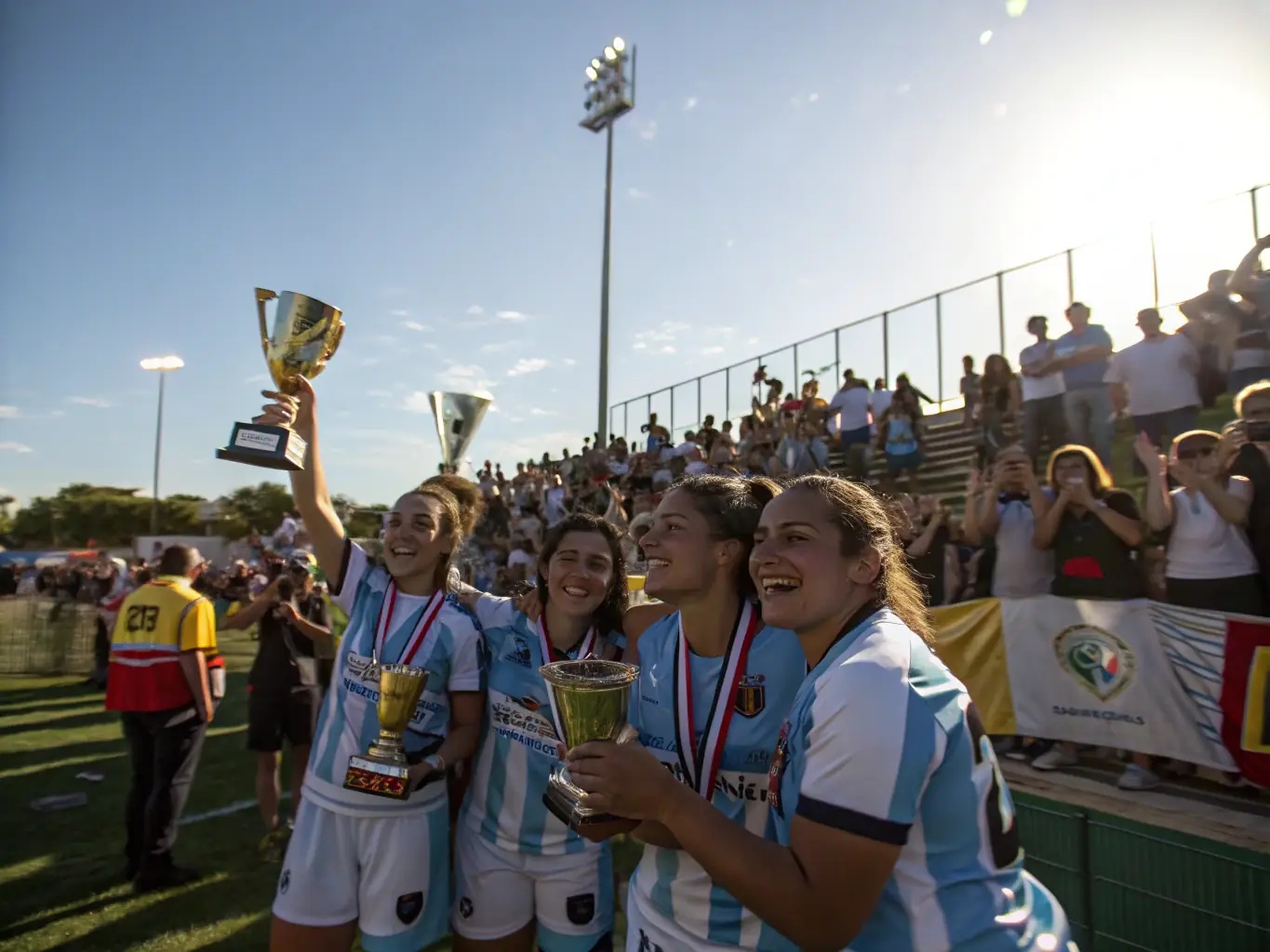A photograph capturing a group of athletes celebrating a victory, highlighting the spirit of teamwork and camaraderie.