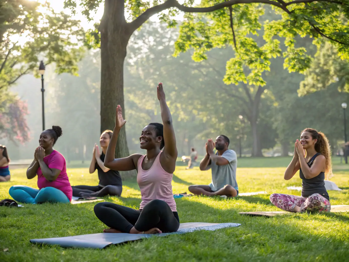 A serene image of participants practicing yoga outdoors, highlighting the wellness and relaxation aspects of the program.