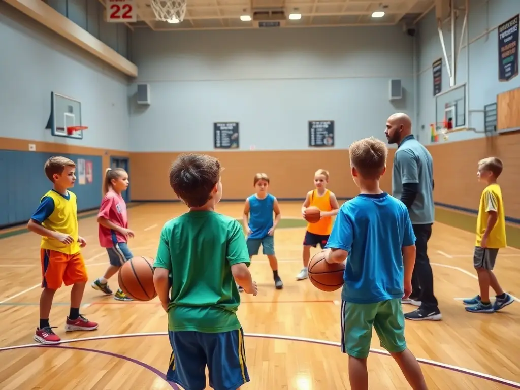 A dynamic image capturing a group of children enthusiastically participating in a basketball training session, emphasizing the fun and engaging nature of the program.
