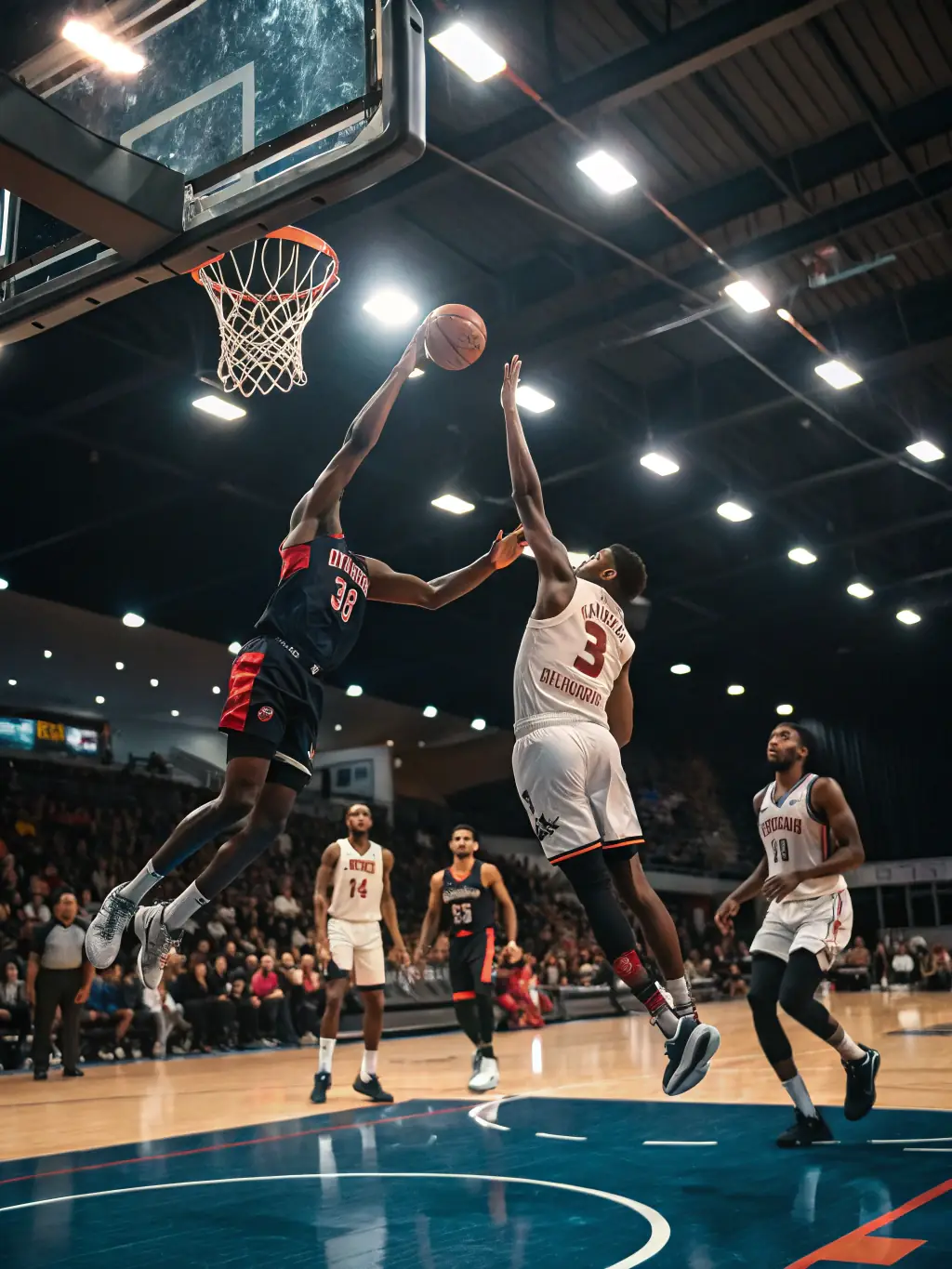 A dynamic image of adults playing basketball in an indoor court, emphasizing agility, coordination, and competitive spirit.