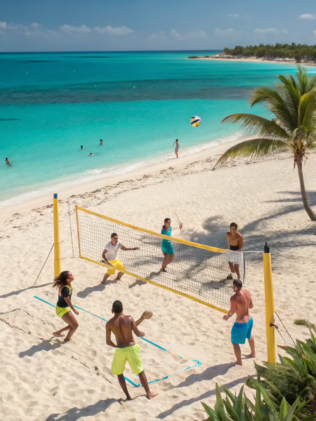 A joyful image of participants in a volleyball game on a beach, emphasizing fun, teamwork, and the enjoyment of outdoor activities.