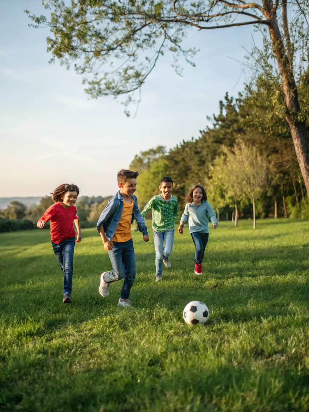 A vibrant image of children participating in a soccer training session, showcasing teamwork and active engagement, set in a sunny outdoor field.